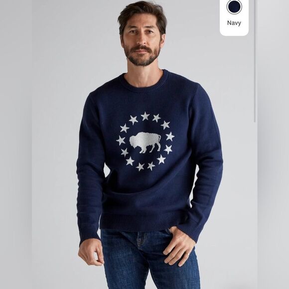 Lucky Brand Blue Cream Novelty Crew Sweater Buffalo Stars Americana Design XL - Picture 1 of 11
